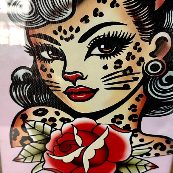 Leopard Lady Tattoo Floral Woman Cat Pinup Canvas Art Print Gold Framed Wall Art - Picture 5 of 9